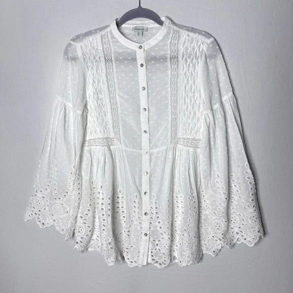 Sundance Lace Eyelet Peasant Top Sz XS Cottage Boho Sheer Button Front Bell Slv - Picture 1 of 10